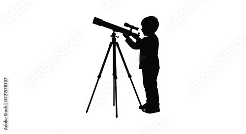 Silhouette of a child looking through a telescope at night