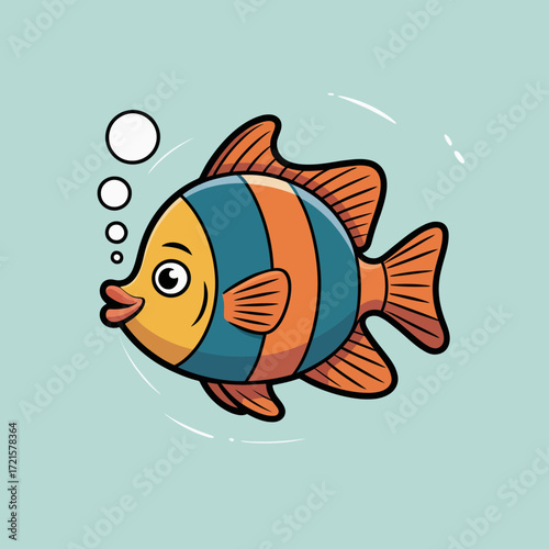 Fish in light blue sea with bubbles, ideal for childrens illustrations, educational materials, and aquatic designs.