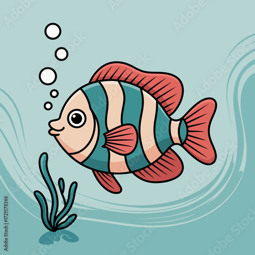 Fish with stripes in water with bubbles and seaweed. Suitable for childrens books, posters, and educational materials.