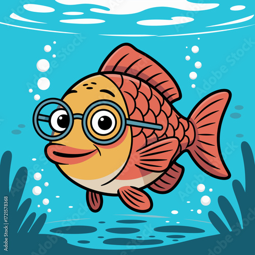 Cheerful goldfish with glasses swims serenely, surrounded by shimmering waters and aquatic plants perfect for aquarium or naturethemed designs.