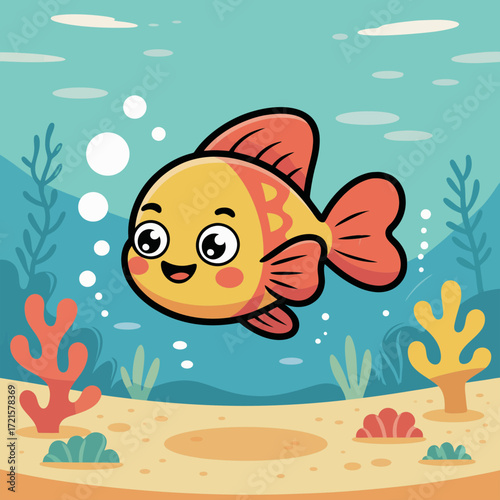 Cute cartoon goldfish in coral and plants underwater. Perfect for kids books, aquarium posters, and educational materials.