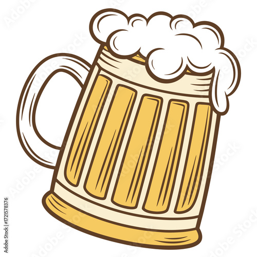 Vector art of a frothy mug of golden beer, perfect for oktoberfest celebrations and pub nights