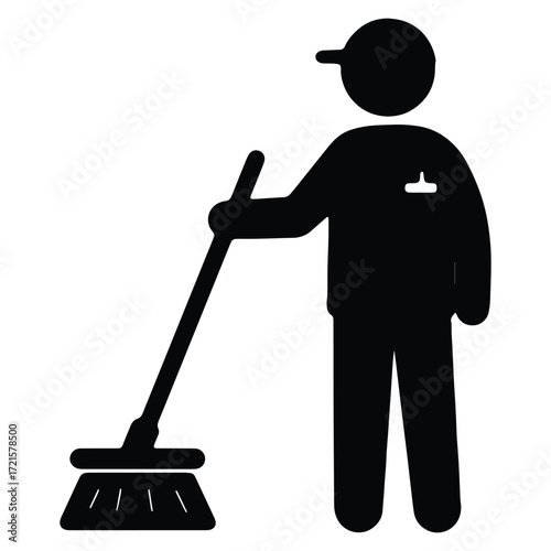 Black silhouette icon of a worker sweeping the floor cleaning service