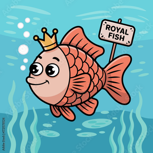 Playful crowned royal fish holding a sign, swimming in blue waters. Suitable for childrens books, greeting cards, and aquatic designs.