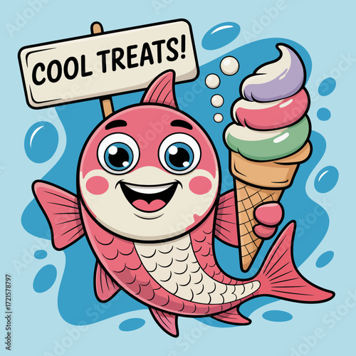 Happy cartoon fish enjoys an ice cream cone, perfect for summerthemed designs, childrens illustrations, and promoting cool treats.