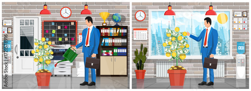 Man watering and growing money tree with coins. Investment and financial growth concept. Cash return and profit earnings.