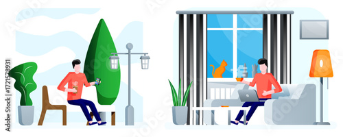 Man relaxing outdoor with phone and man working at laptop remote at home. Flat style vector creative illustration collection.