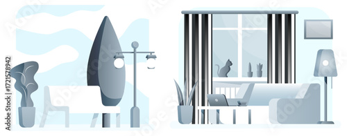Interior vector elements with abstract shapes. Home living workspace design. Flat style illustration for graphic element.