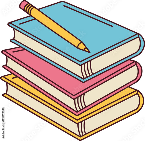 Vector art of stack of colorful books with a pencil on top