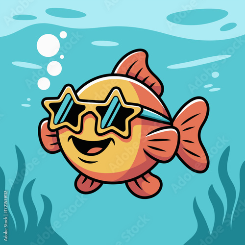 Cute cartoon fish with star sunglasses swimming happily underwater ideal for childrens products, summer designs, or aquaticthemed projects.