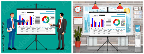 Business men giving financial presentation, showing charts and graphs on screen. Analytics report for business growth and data analysis.