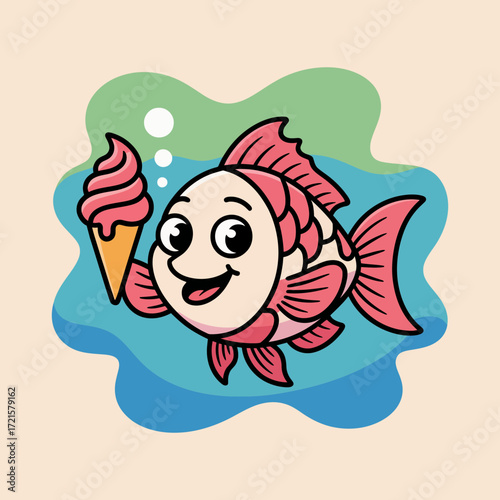 Happy fish with ice cream, joyful sea creature, colorful marine life concept, playful foodthemed design, kids illustrations, seafood restaurant decorations.