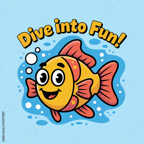 Goldfish in a fun underwater scene with bubbles great for summer promotions, swimwear ads, or childrens products. Dive into fun with this playful design.