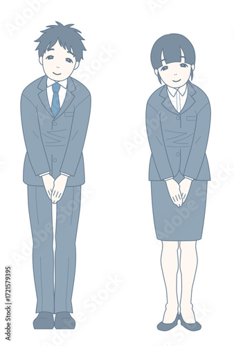 お辞儀をしながら微笑むスーツ姿の男女