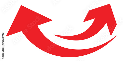 A simple, red, curved arrow pointing to the right and down on a white background. Direction symbol. Vector illustration. 