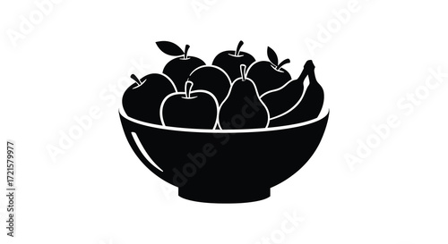 A black and white silhouette of a bowl filled with various fruit