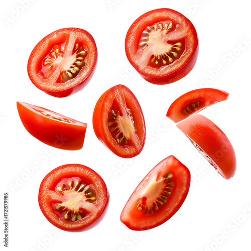 Ultra-sharp vibrant tomato slices falling