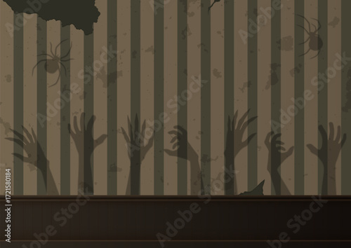 Scary zombie hands rising up and spiders vector illustration, shadow on the old wall of Halloween monster arm silhouette