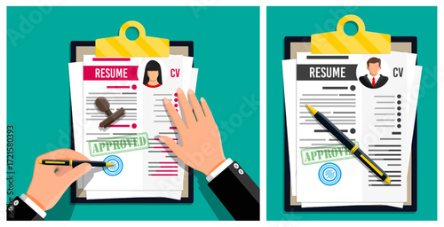 Man and woman resume or CV document with pen and approved stamp. Job offer and successful employment concept. Recruitment paperwork.