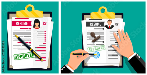 Woman and man resume document with approval stamp. Human resources, hiring, and job application concept. Employment process.