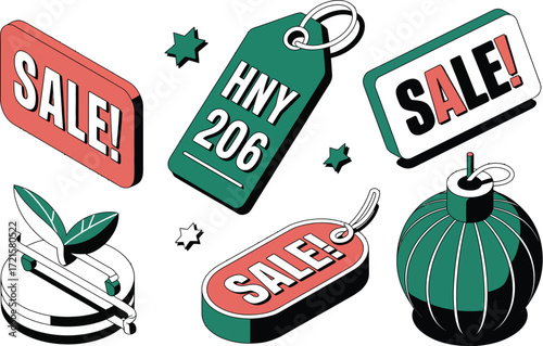Festive sale tags and holiday symbols for seasonal promotions and shopping events