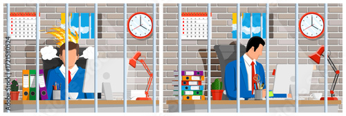 Confined man frustrated through bars with fire and smoke above his head. Man working stressed in office and another one calmly.