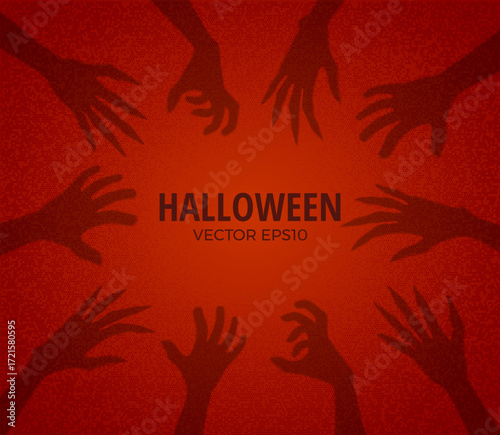 Scary zombie hands reaching up vector frame, shadow of dead human body limbs, Halloween red background, Walking dead