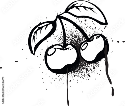 Black spray paint cherry berries twig with leaves, graffiti spraying lines fruit with ink splatters, vector street art