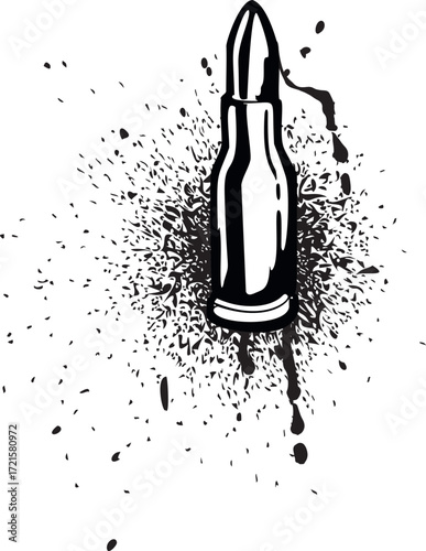 Black spray paint bullet, graffiti spraying lines weapon ammunition with ink splatters and dripping, vector street art