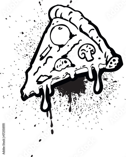 Black and white graffiti, a slice of pizza with leaking cheese, mushrooms, splashes.