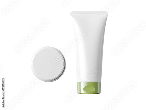 White cosmetic tube and lid,  light-green accents