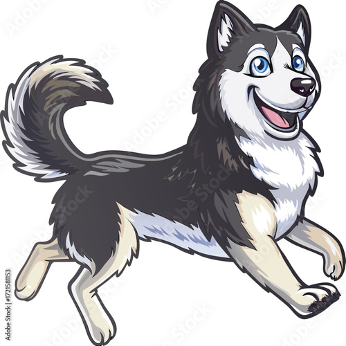 Cartoon husky dog running with blue eyes and happy expression