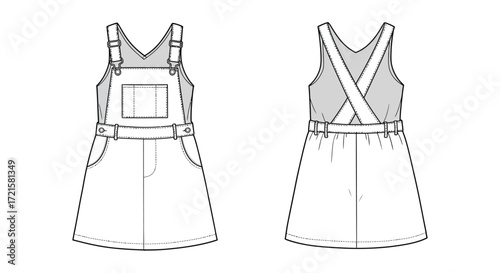 Fashion technical sketch of a simple overall dress design front and back view