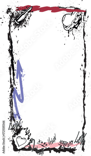 Graffiti empty frame with hearts, lipstick, phrases, purple arrow, pink and red marker lines.