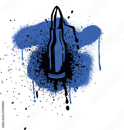 Black spray paint bullet on blue smears, graffiti spraying lines weapon ammunition with ink splatters vector street art