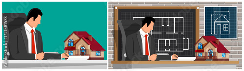 Man agent signing mortgage contract for house purchase. Real estate business concept. Property sale and loan agreement.