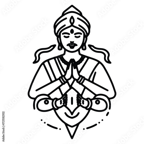Indian Man with Traditional Turban and Hands Clasped in Prayer Outline