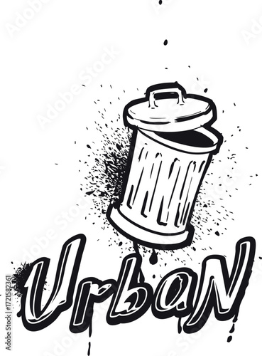 Graffiti poster with open trash can, black and white color and lettering, urban, splashes, drips.