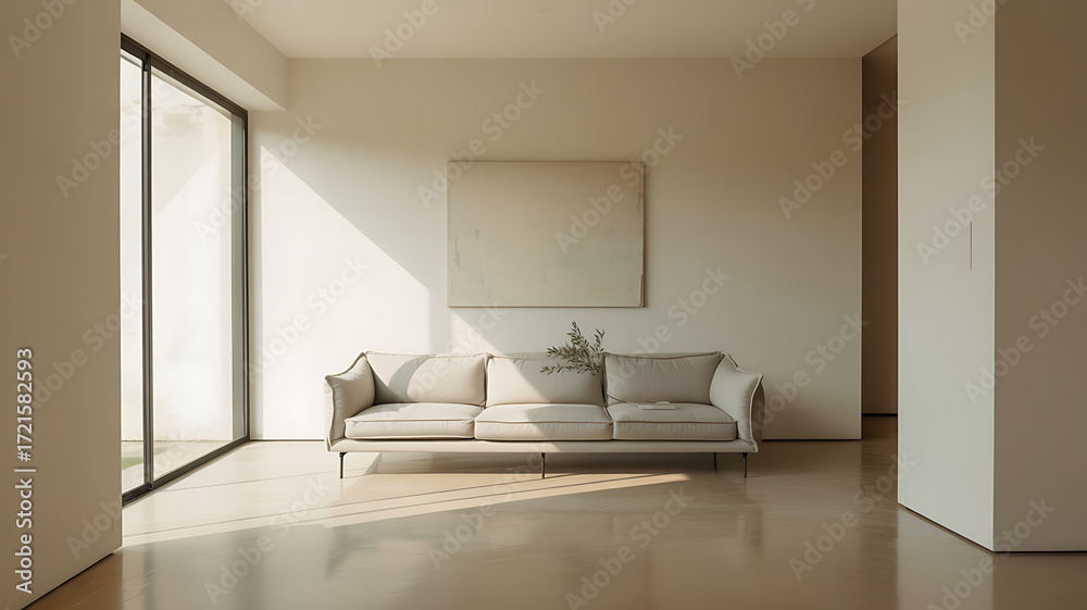 Fototapeta premium Serene modern living room bathed in warm sunlight with a minimalist sofa and artwork.