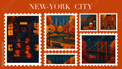 AUTUMN IN NEW YORK VECTOR ILLUSTRATION SET – SET OF NEW YORK CITY STAMPS IN FALL SEASON
