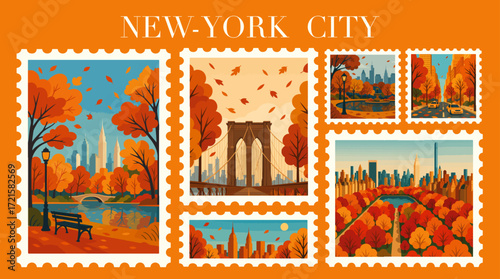AUTUMN IN NEW YORK VECTOR ILLUSTRATION SET – SET OF NEW YORK CITY STAMPS IN FALL SEASON
