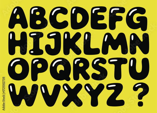 Black glossy bubble letters from A to Z, uppercase English alphabet with a question mark, isolated on a bright yellow background, fun vector illustration