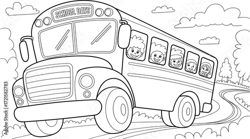 Black and white outline of a school bus with happy children, driving on a road, ready for coloring book activity, back to school theme