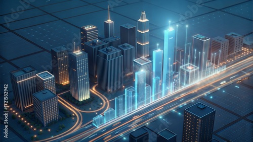 Futuristic smart city with glowing data lines and modern skyscrapers representing advanced urban technology and connectivity.