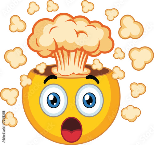 Mind blown emoji with shocked and amazed expression and a cartoon explosion bursting from its head, isolated on white background. Flat vector illustration