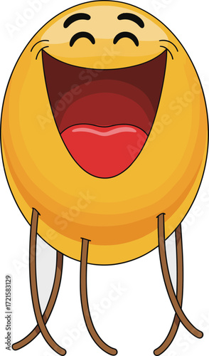 Laughing emoji with closed eyes and a wide-open mouth, standing on long, skinny legs, isolated on a white background. Flat vector illustration