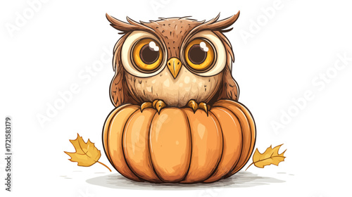 Cute Cartoon Owl Sitting on Pumpkin, Fall Theme, Illustration, Whimsical Environment, Front View, Adorable Design