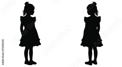 Two young girls in dresses shown as black silhouettes against white