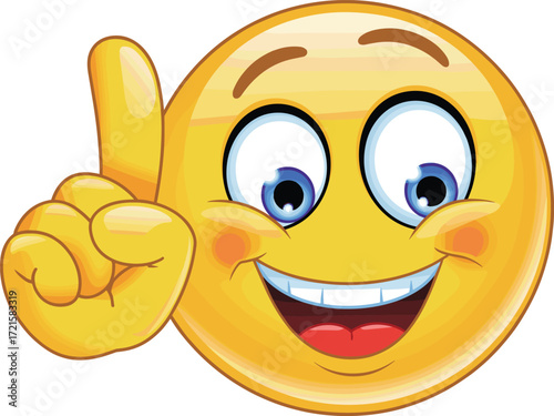 Smiling emoji character with raised index finger, cartoon emoticon giving advice or idea, cheerful expression concept, flat vector illustration