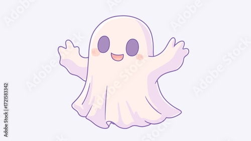 Kawaii Ghost Character Waving, Cartoon Style Illustration, Adorable and Fun, Whimsical Atmosphere